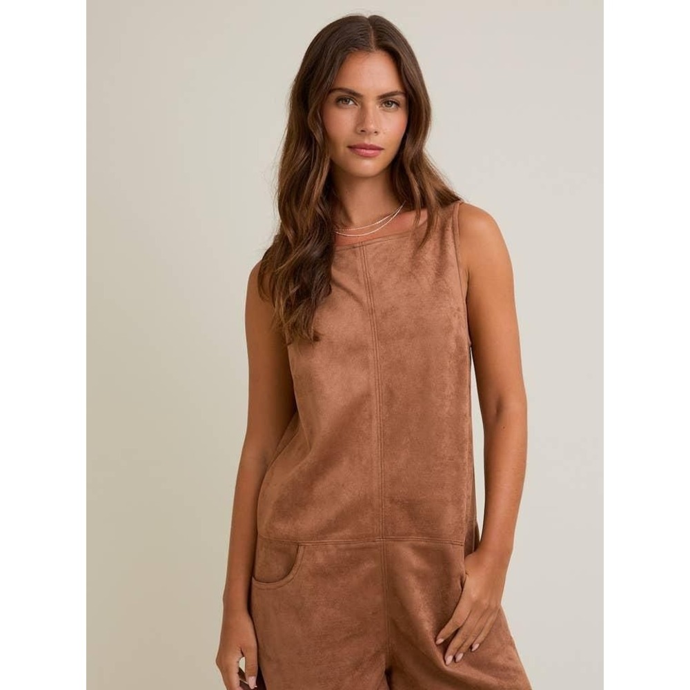 Le Lis Collection Brown Faux Suede Sleeveless Romper Size L Tie Back Pocketed